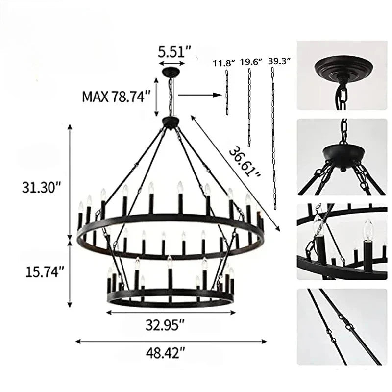 Couronne, lustre cercle en fer forgé noir, vue d'ensemble
