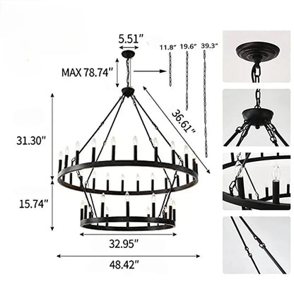 Couronne, lustre cercle en fer forgé noir, vue d'ensemble